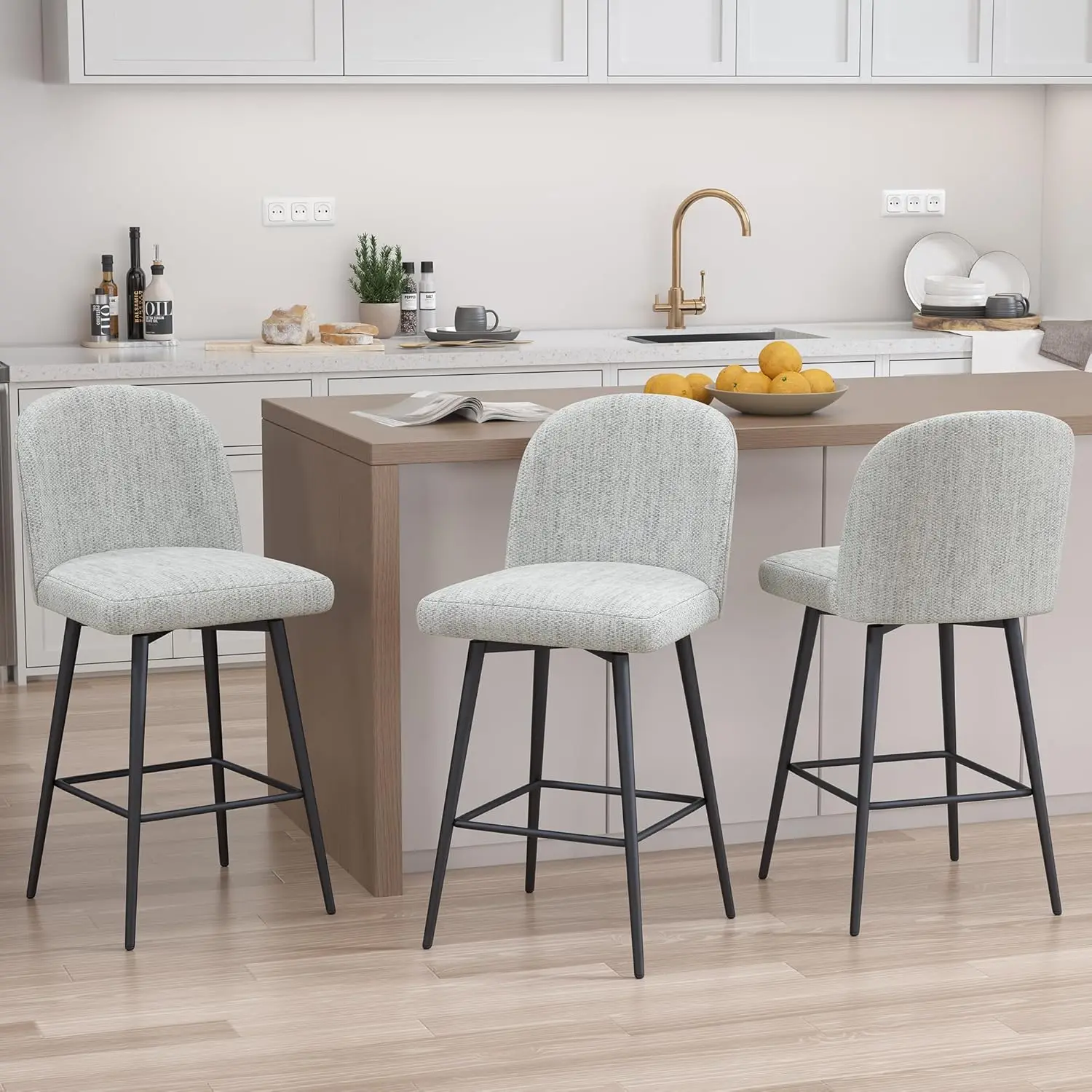 

Counter Height Bar Stools Set of 3, Upholstered Swivel Bar Stools with Back and Metal Legs, 26" Seat Height Linen Kitchen Counte