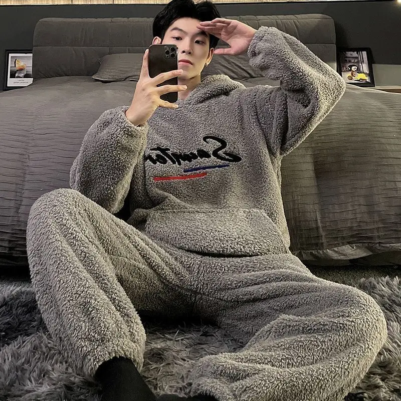 2024 New Fashion Coral Velvet Pajamas Handsome Men Winter Plus Pad Loungewear Suit Loose Warm Young Male Casual Home Clothes Set