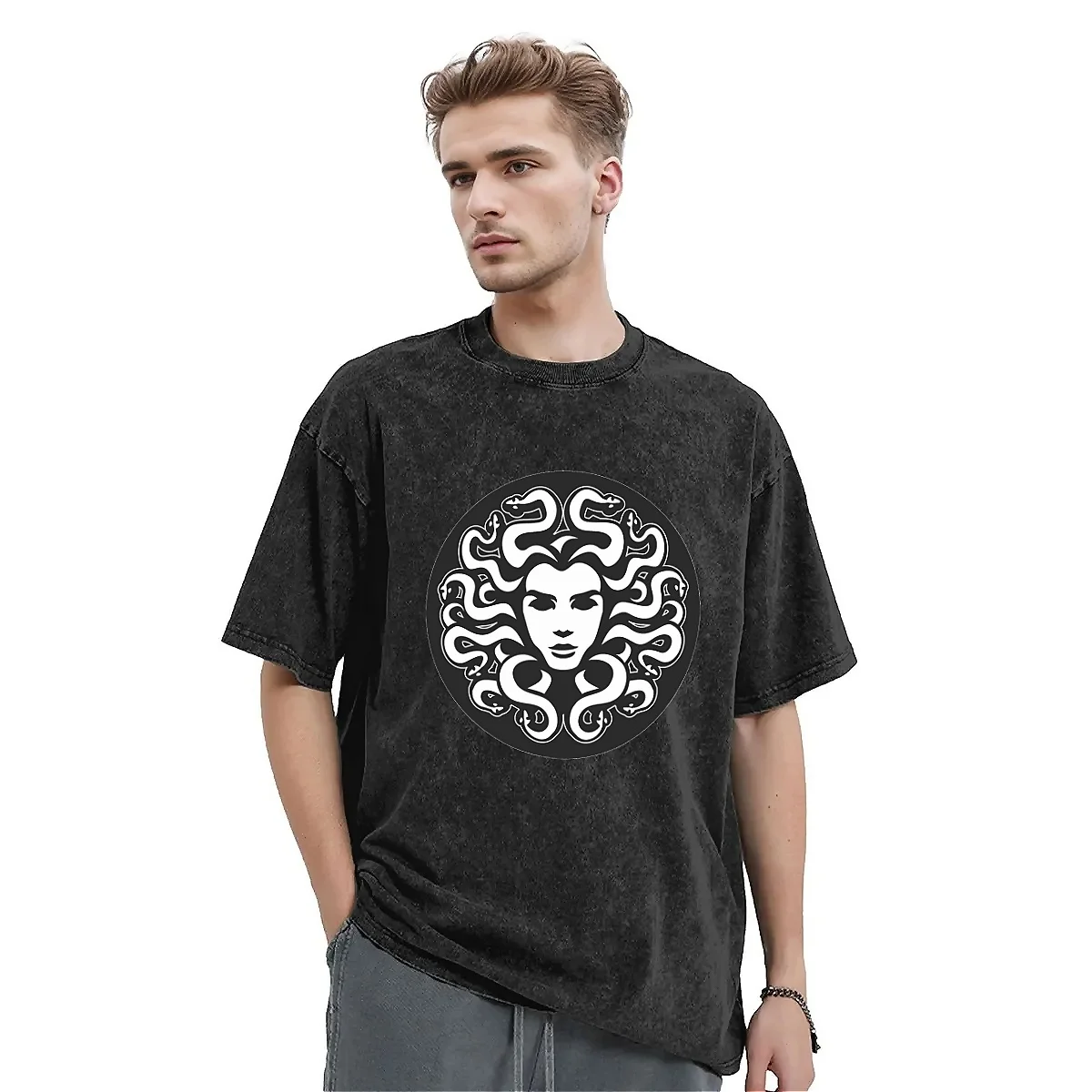 Oversized Washed T Shirt Medusa Casual T Shirts Greek mythology Trendy Cool Tshirt for Man Beach Y2K Basic Print Clothes