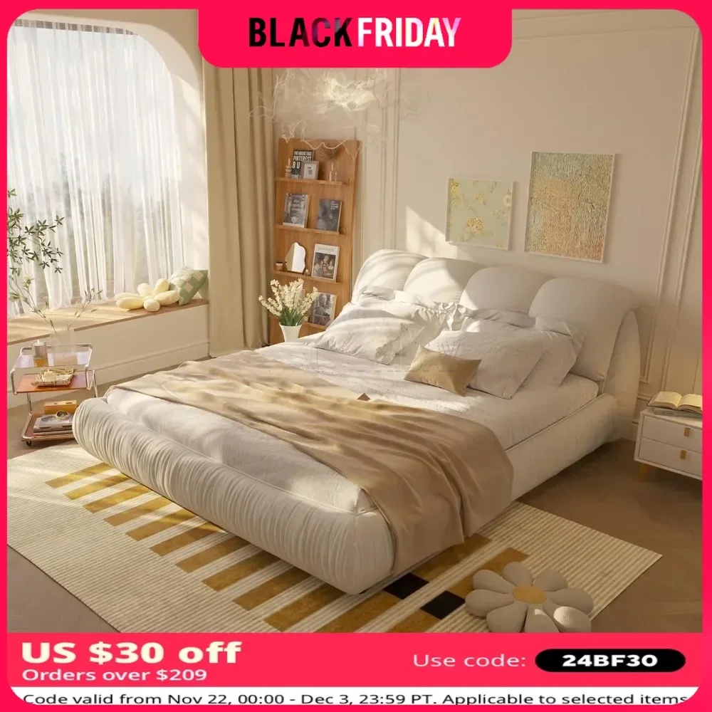 Queen Upholstered Platform Bed with Oversized Padded Backrest Thickening Pinewooden Slats and Metal Leg Bed Frame