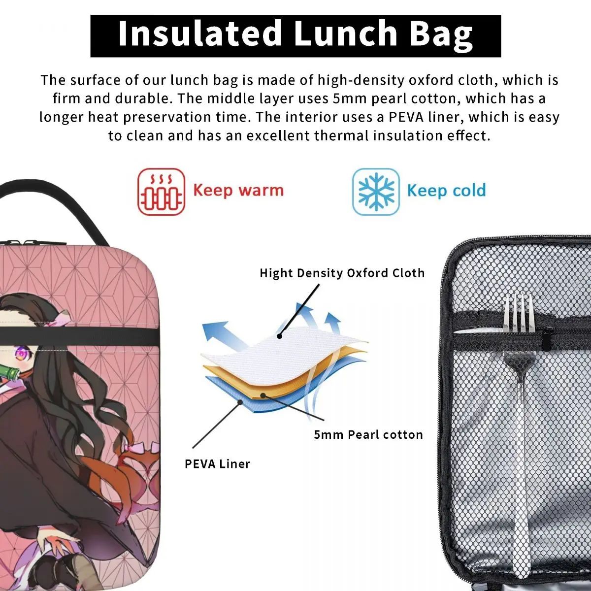 Demon Slayer Nezuko Kamado bolsa de almuerzo aislada, contenedor de almuerzo de alta capacidad, bolsa enfriadora, bolsa de mano para exteriores, Bento