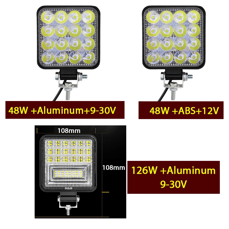 12V/9-30V Led Work Light Square Spotlight/floodlight 48W/126W Car Headlight For Truck Off Road SUV Night Driving Light Fog Lamp
