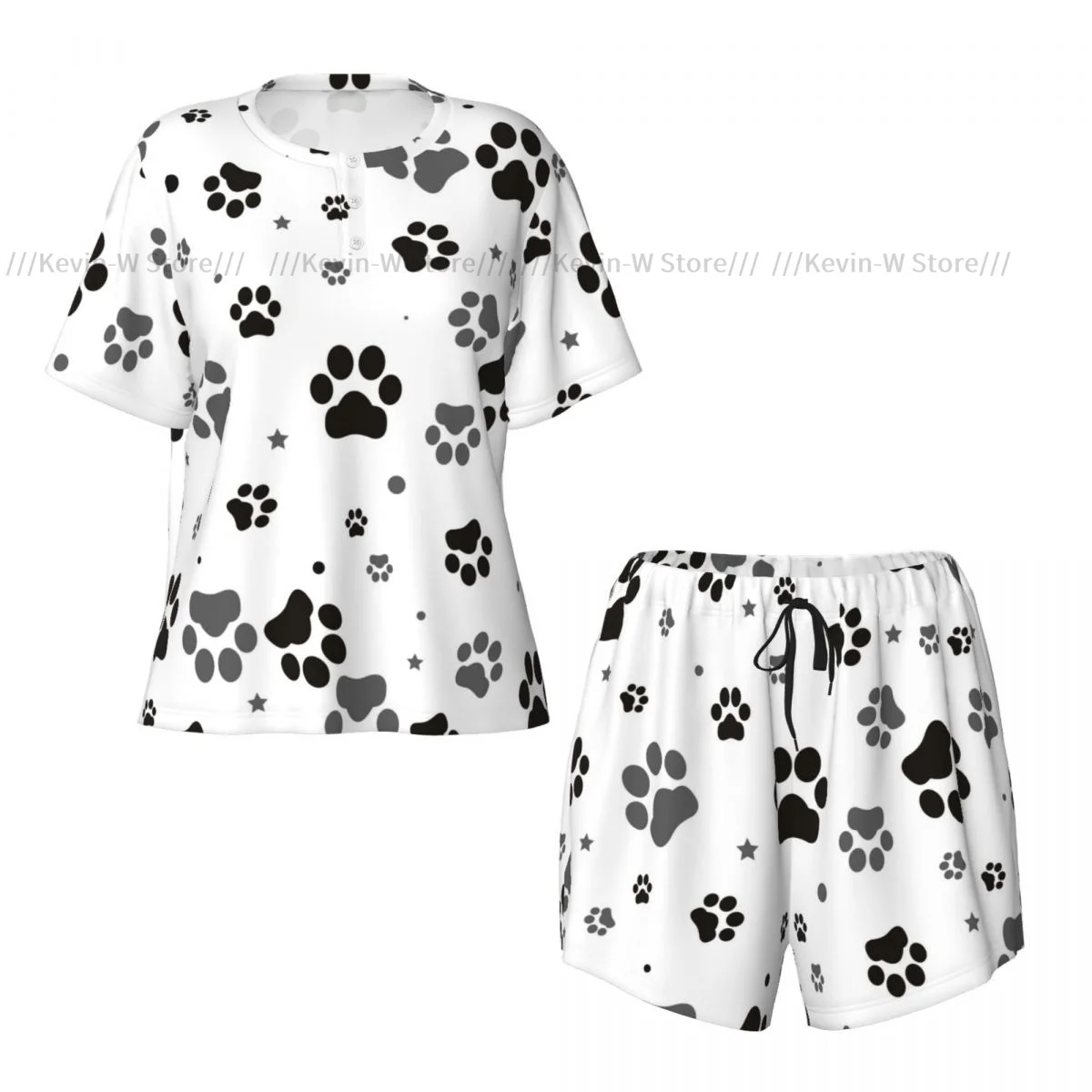 Conjunto de pijamas femininos manga curta traços de pegada de gato pijamas loungewear para roupa de dormir de verão