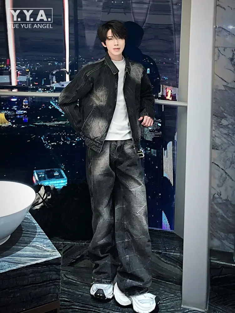 Retro Korean Style Men Fashion Outfits Zipper Notched Cowboy Set Loose Fit Denim Jacket Straight Leg Pants Jeans Three Piece Set