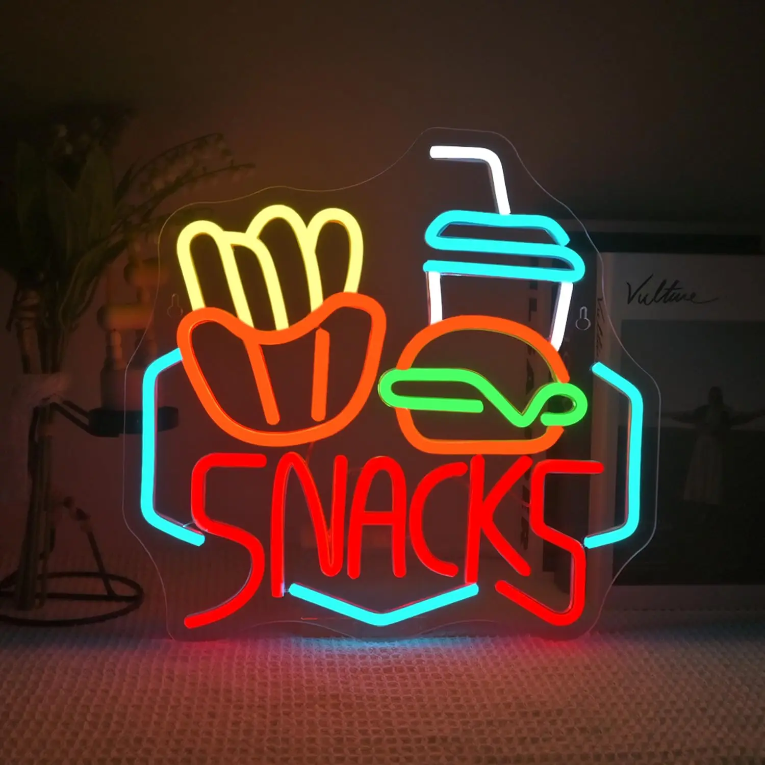 

Snack Burger Fries Neon Sign, Shop Decor,Hamburger LED Neon Light,Dimming for Restaurant,Kitchen,Store,Party,Bar Sign