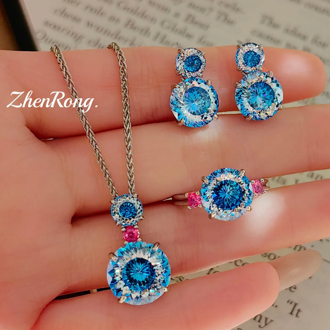 S925 Sterling Silver Pink Diamond Treasure Set Ring Earrings Necklace Pendant Opening Tanzanian Blue Female