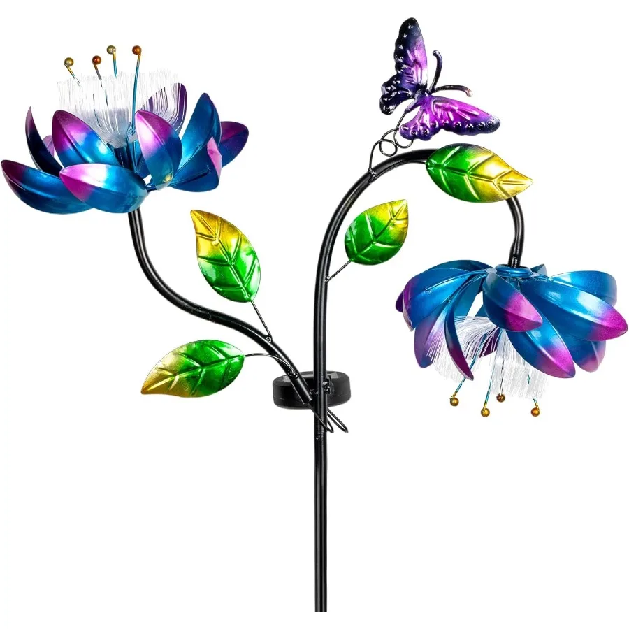 

50'' Solar Powered Kinetic Wind Spinner Sculpture Blue Lotus Metal Stake Spinner for Patio Lawn and Garden Decor Weather Resist