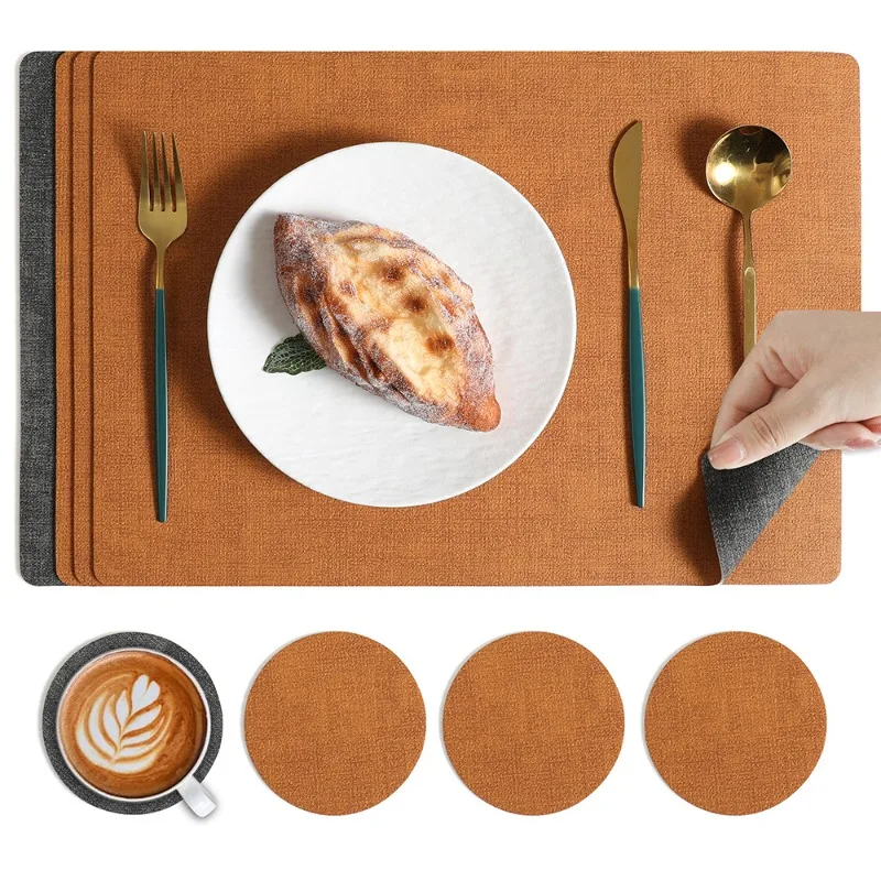 Nordic Style Cloth Patterned Leather Placemat Heat-resistant Two-color Square Dining Table Insulation Mat High-end Cup Mat Set