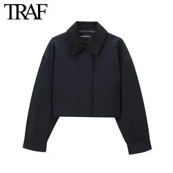 TRAF Women Fashion Autumn New Solid Color Jacket Long Sleeved Zip Corduroy Lapel Pocket Short Coats Chic Ladies Tops Mujer