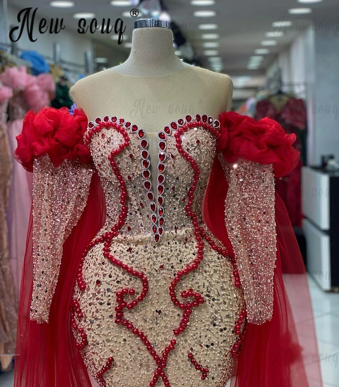 Abito da sera arabo Aso Ebi rosso manica a mantella con spalle scoperte abito da festa di fidanzamento con paillettes Champagne abito formale di lusso 2024 personalizzato