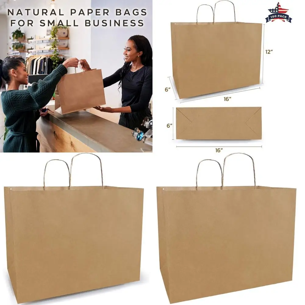 

100 упаковок 16x6x12 больших коричневых бумажных пакетов с ручками для малого бизнеса, бутика, подарка, продуктов