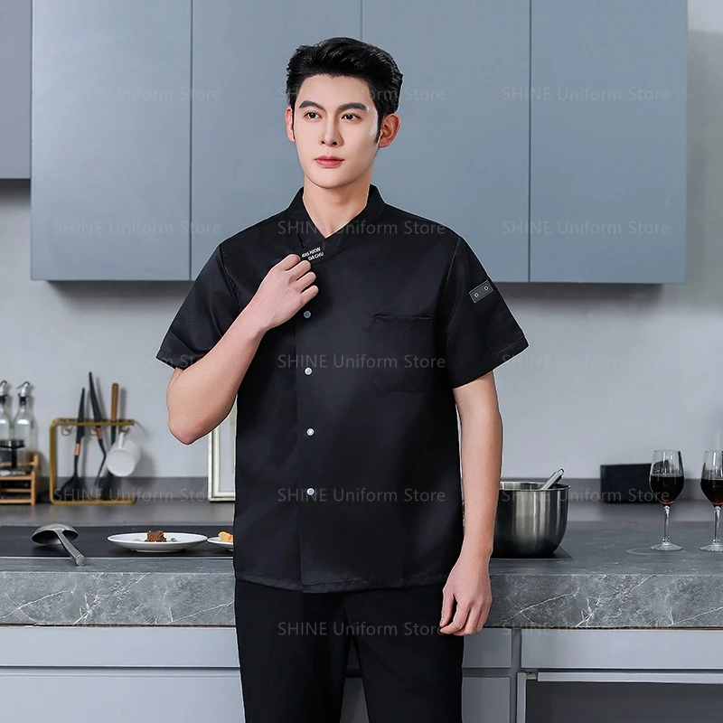 Uniforme de Chef noir, tablier de Restaurant, manches courtes, Short de Chef, veste de cuisine, manteau de Chef respirant, vêtements de travail d'été pour hommes, Logo