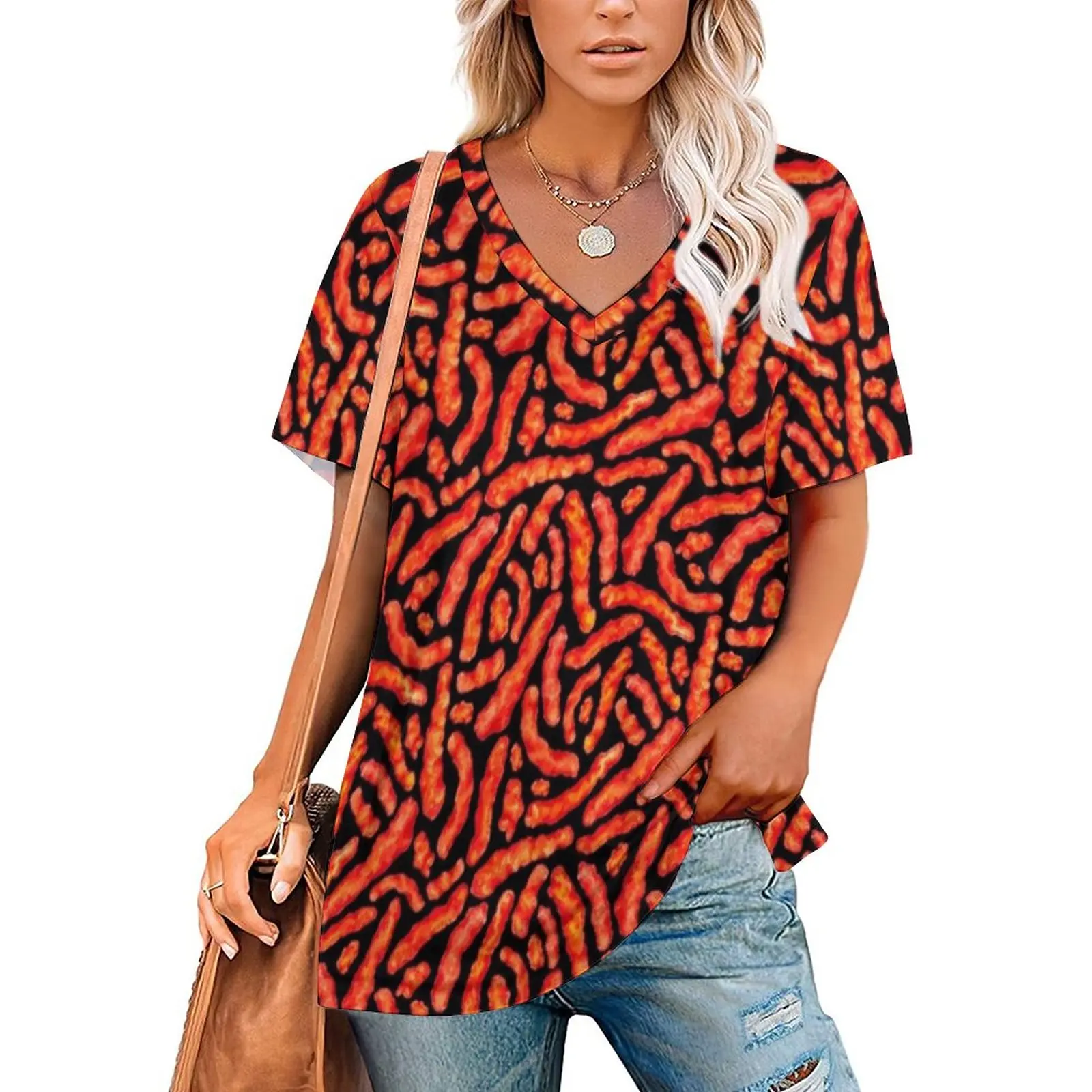 Flamin' Hot Cheese Puff Pattern-Black Ruffle Short Sleeve T Shirt Women Summer T Shirts V Neck Tee Tops Cheese Puffs Snack Food