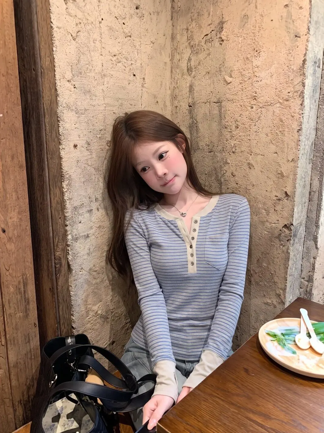 FEMALEPILOT Korean Style Light Blue Striped Long Sleeve T-Shirt Women's Simple Versatile Semi-Open Collar Top Casual Fashion