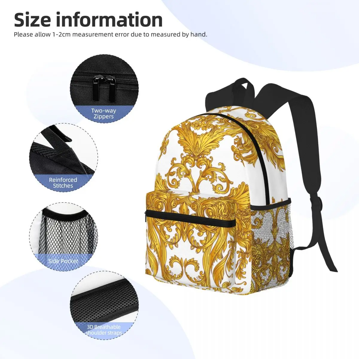 Golden Baroque Laptop Bookbag Computer Bag Hiking Travel Daypack for Women Men