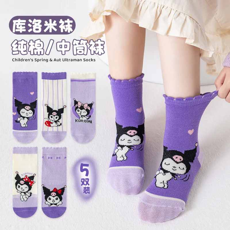 5 Pairs Sanrio Girls Socks Kuromi New Fall Winter Cartoon Children Mid-calf Socks Cotton Sock for Kids Gifts