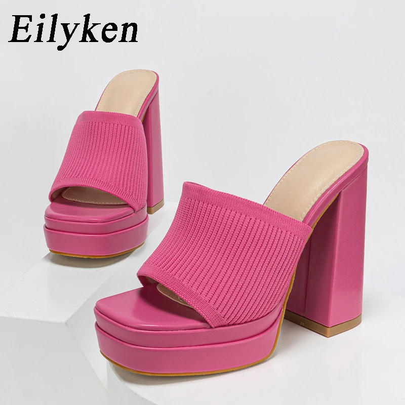 Eilyken Cosy Stretch Fabric Knitted Chunky High Heels Women Slipper Fashion Platform Open Toe Wedding Party Ladies Shoes