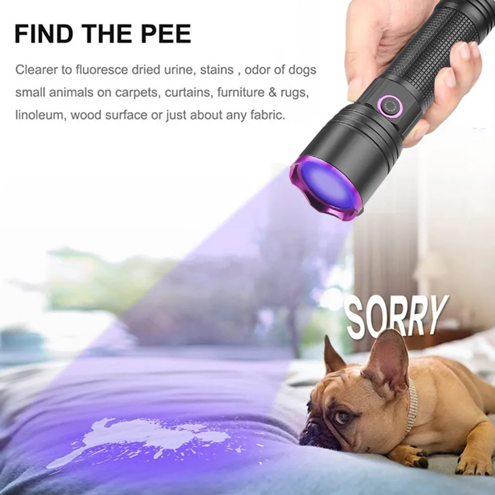 365NM UV Flashlight Black Mirror Purple Light Fluorescent Oil Pollution Detection Type C Rechargeable Use 26650 Battery