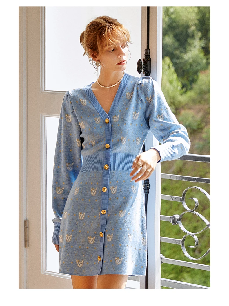 OLrain Women Cardigan Knitted Sweater Dress 2025 Spring Fashion Blue V-Neck Long Sleeve Dress Daily Commuting Attire E56QL58109