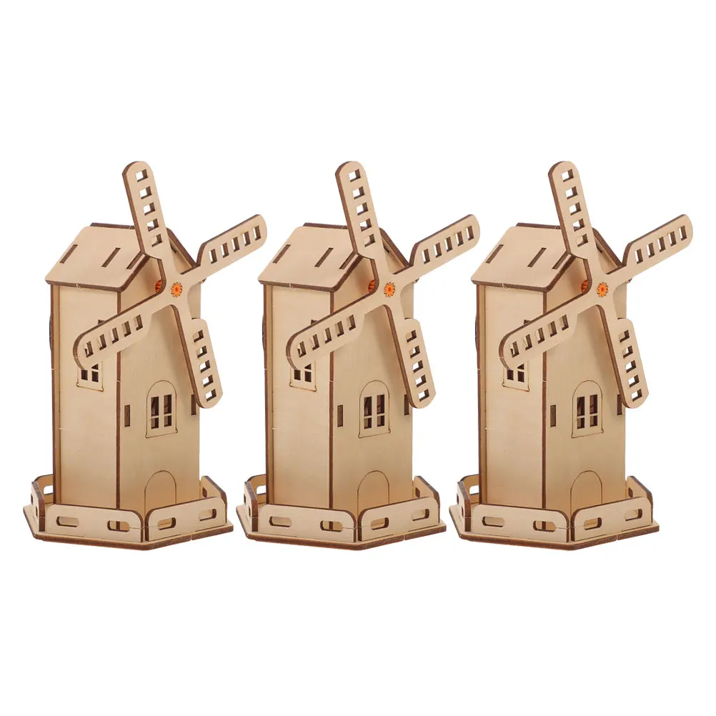 Moulin à vent solaire modèle bricolage, Kit de Construction, jouet 3d, Puzzle fait à la main, jouets rotatifs, maison en bois, 3 pièces