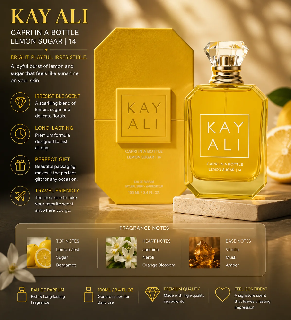 

KAYALI Capri In A Bottle Lemon Sugar 14 Eau De Parfum 100ml Long Lasting Citrus Fragrance For Women Sweet Lemon Scent Gift