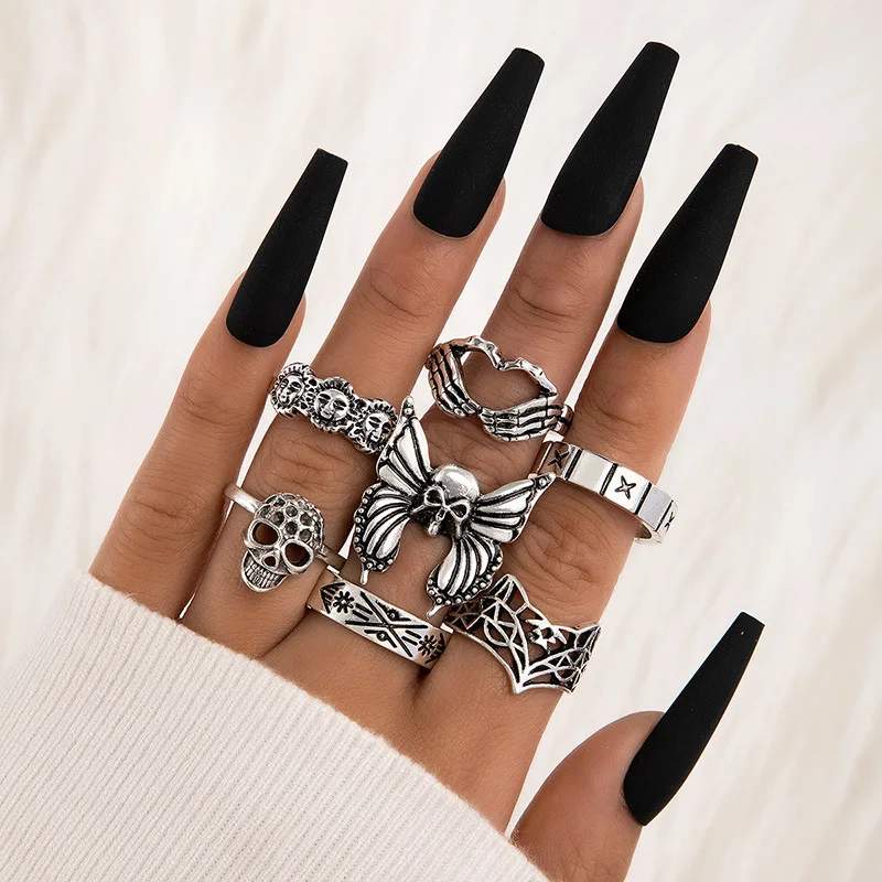 Tocona Vintage Personalized Dark Butterfly Skull Hollow Face Multi Piece Ring Punk Geometric Metal Joint Ring Set Halloween Gift