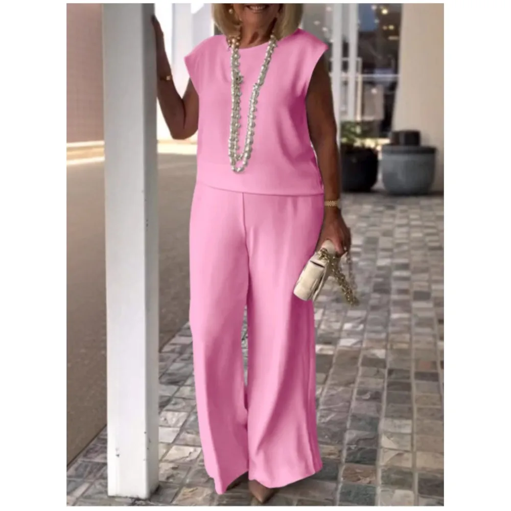 

Fashion Cotton Linen Solid Color O Neck Sleeveless Women Pants 2 Piece Spring Summer New Slim Elegant Female Wide Leg Pants Suit