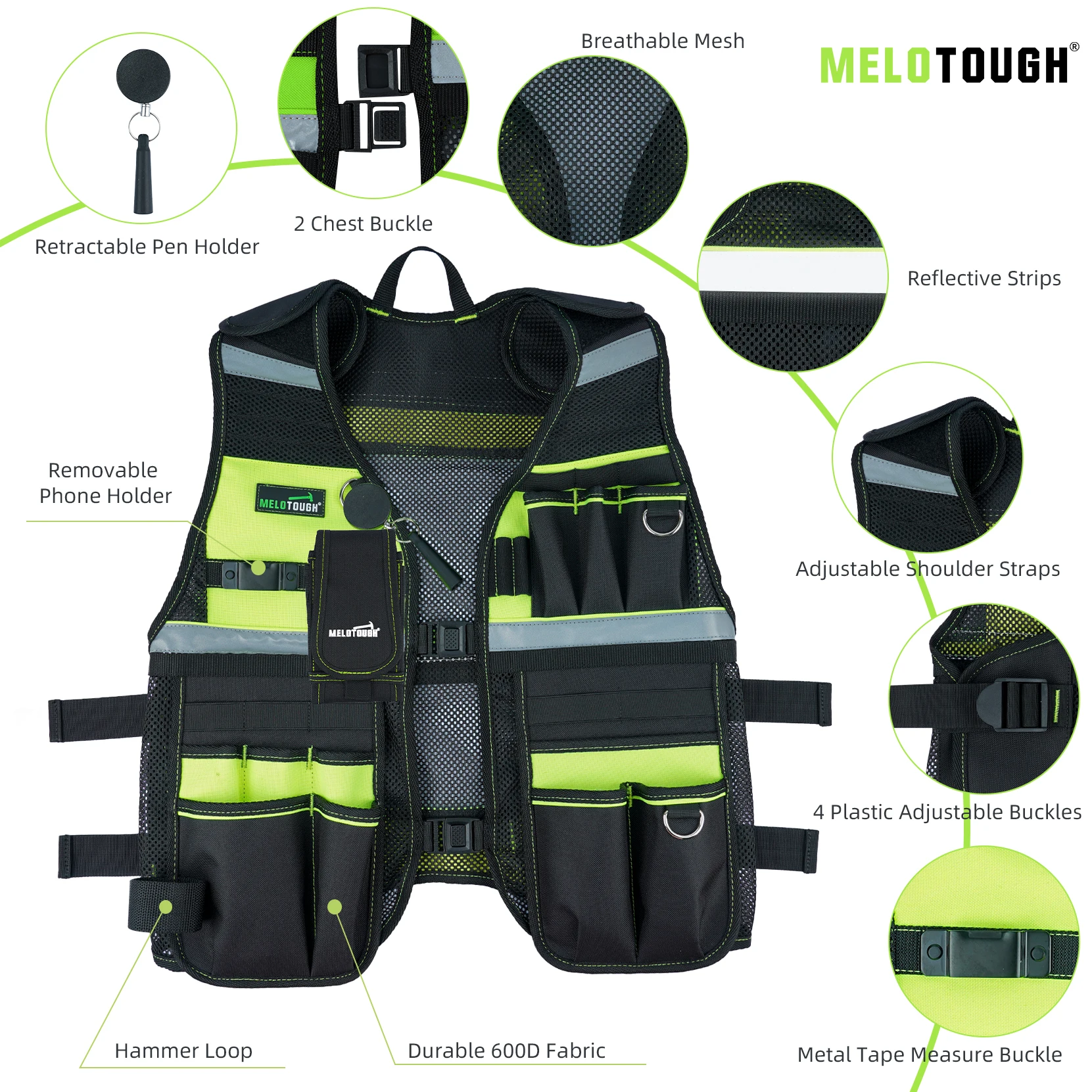 Gilet per attrezzi MELOTOUGH gilet riflettente per attrezzi di sicurezza con supporto per telefono rimovibile per elettricista, carpentiere,