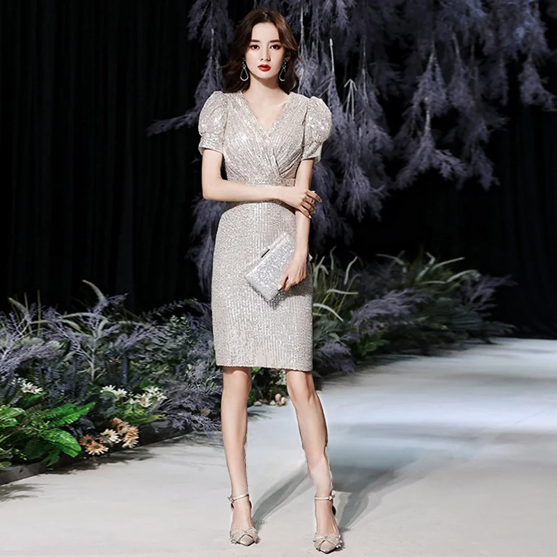 

Ele ort Sequin Dr Women's Luxury Par Birthday Celebration Cotail Dr Korean Sle Bubble Sve Zipper Ba