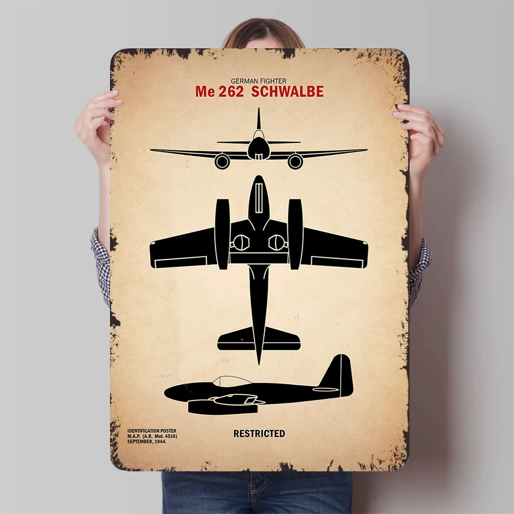 Винтажный немецкий истребитель Me262 Schwalbe времен Второй мировой войны, трехвородовый силуэт, жестяная вывеска, настенный декор для домашнего бара, коллекция