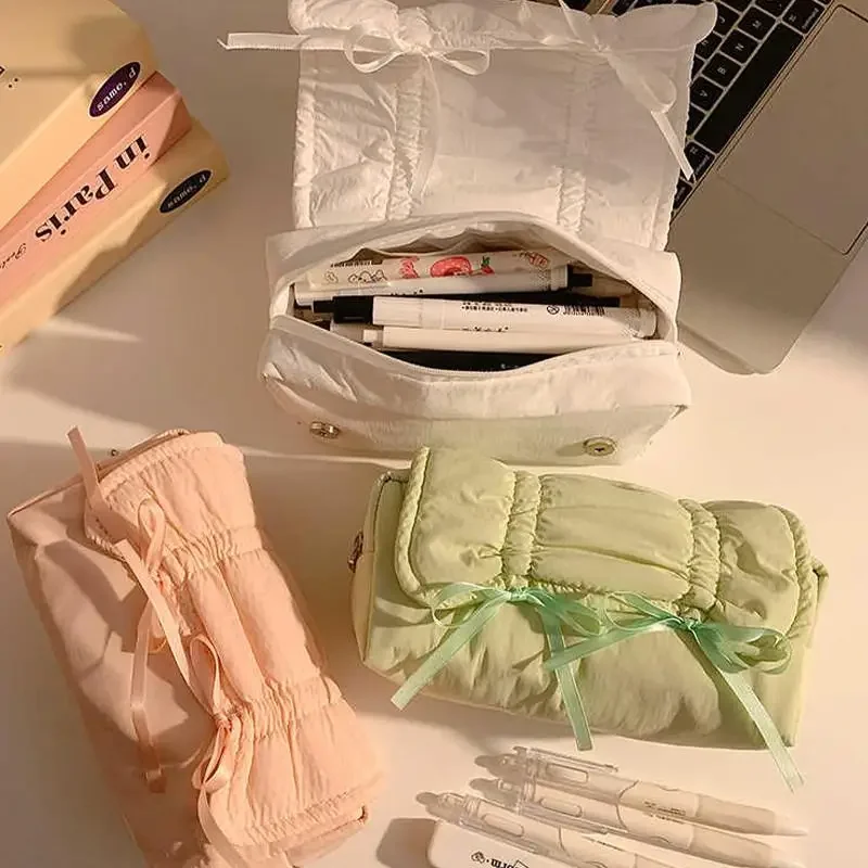 1 قطعة الإبداعية كوريا نمط القوس مقلمة سعة كبيرة متعددة الطبقات تخزين الرباط أكياس قلم رصاص اللوازم المكتبية حقيبة التخزين