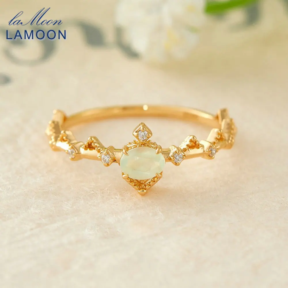 

LAMOON Vintage Natural Prehnite Gemstone Ring For Women Shiny Elegant Luxury 925 Sterling Silver Gold Plated Fine Jewelry Gift