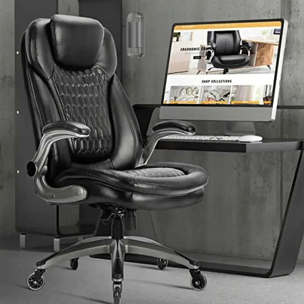 Ergonomic High Back Leather Office Chair with Upgraded Casters-Black Swivel Desk Chair Home Study Meeting Room-Adjustable Height