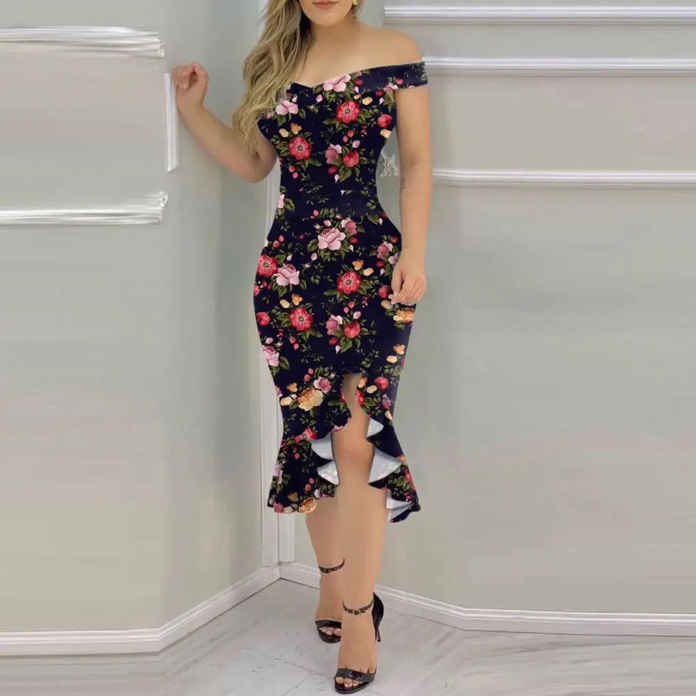 Women Off Shoulder Slim Long Skirt Party Dress Elegant Slit Hem Formal Sheath Dress Female Floral Ruffles Skinny Bodycon Dress