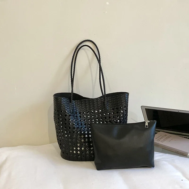 Rattan-Geflochtene Hohle Schultertasche mit Passender Geldbörse, Sommer-Shopper für Markt, Strand und Pendeln, Leichte Handtasche mit Offener Webung – Detail 21