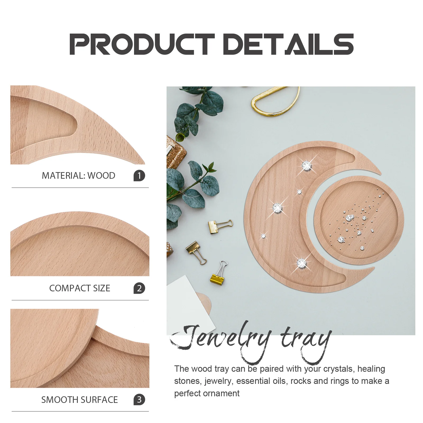 

2Pcs Elegant Wooden Moon and Sun Tray Jewelry Organizer Multipurpose Storage for Cosmetics Keys Jewelry Home Office Decoration