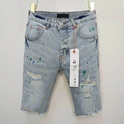 Purples European and American street trend splashing ink five-point pants ripped denim shorts men's summer Brands Pants