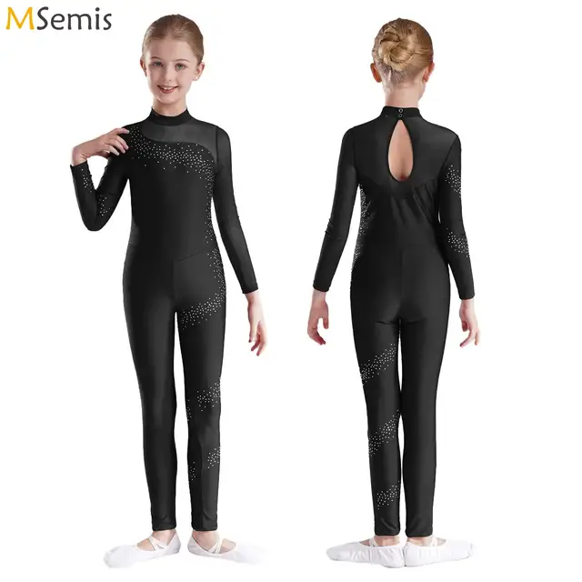 Rhinestone trykot gimnastyczny kombinezon na całe ciało dla dzieci dziewczyny z długim rękawem sportowe body balet Unitard Jersey wydajność stroje taneczne