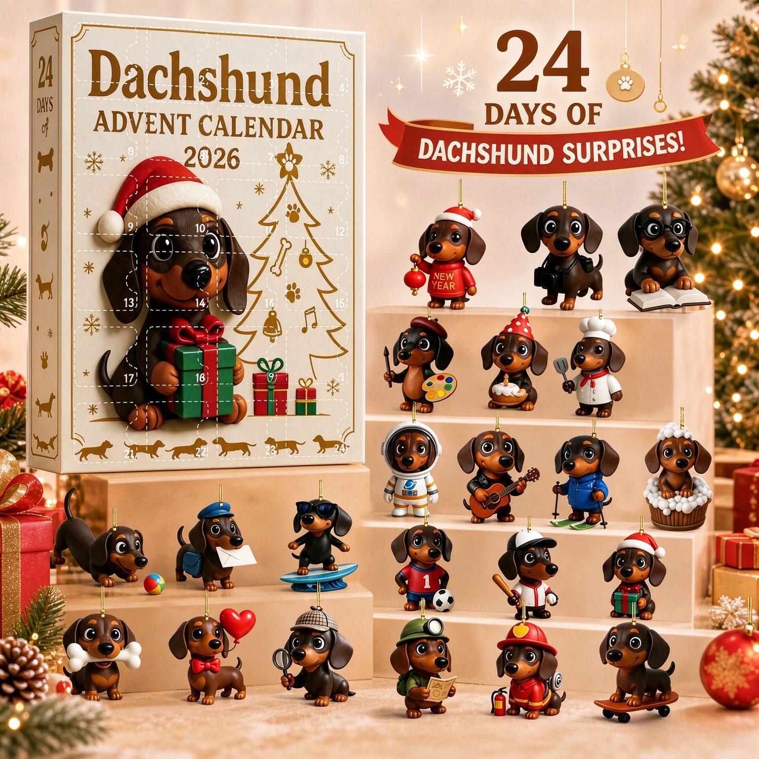 Christmas Arrival Calendar Blind Box 24 Day Countdown Puppy PVC 3D 3D Sausage Dog Decoration Ornament Gift