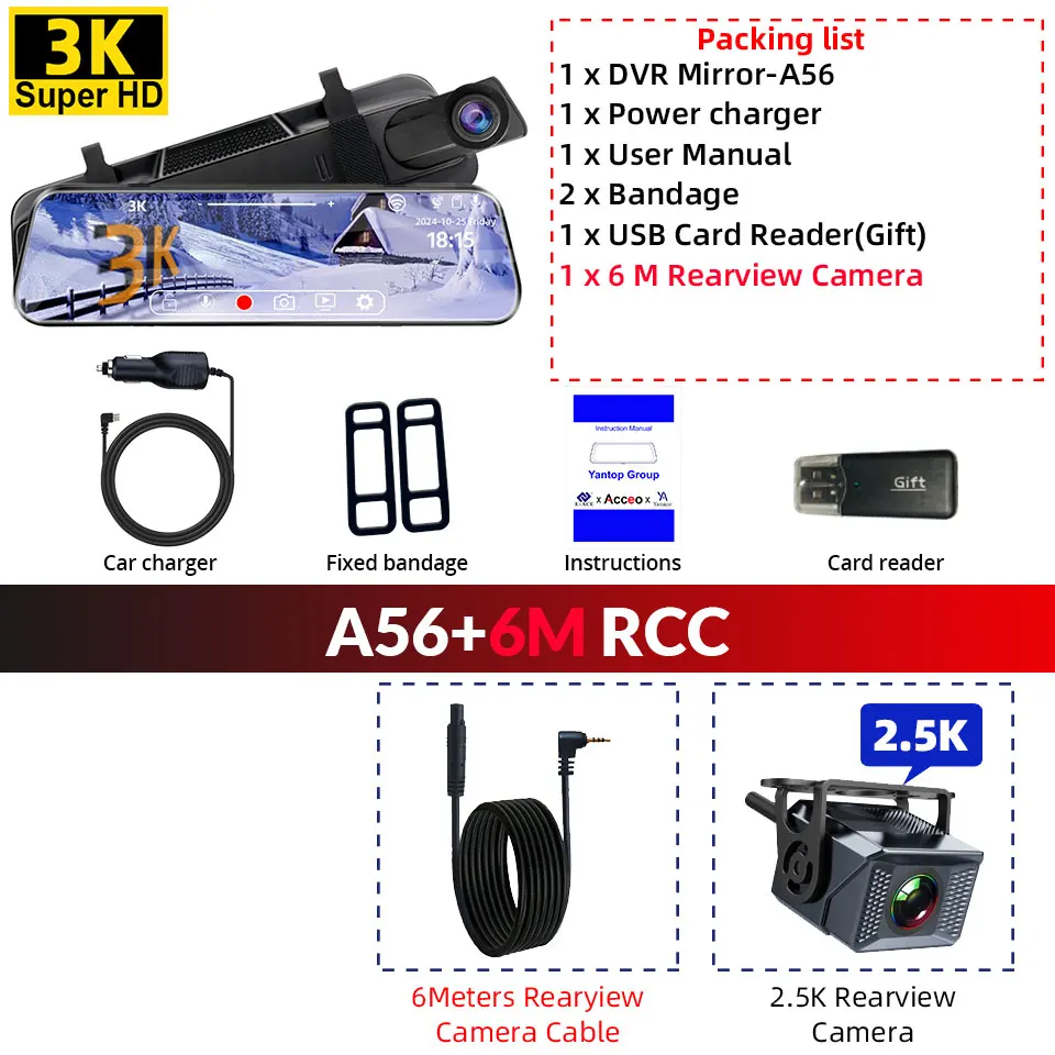 4K Mirror Dash Cam for Cars, Front and Inside Dual Lens WDR Night Vision Motion Detection G-Sensor Support 256GB image 3