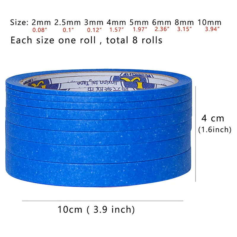 8 Rolls Blue Fine Line Masking Tape Set, 2mm-10mm X 25M Each, Multi-Purpose Adhesive Tape for Nail Art, Painting, Spray Paint, view 5