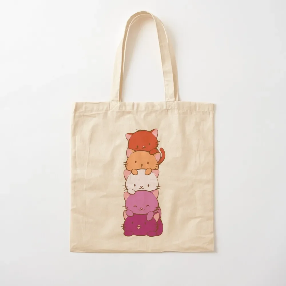 

New Orange Lesbian Pride Flag Kawaii Cats Tote Bag reusable shopping bag Shopper bags woman 2025 Shopping bags Tote Bag