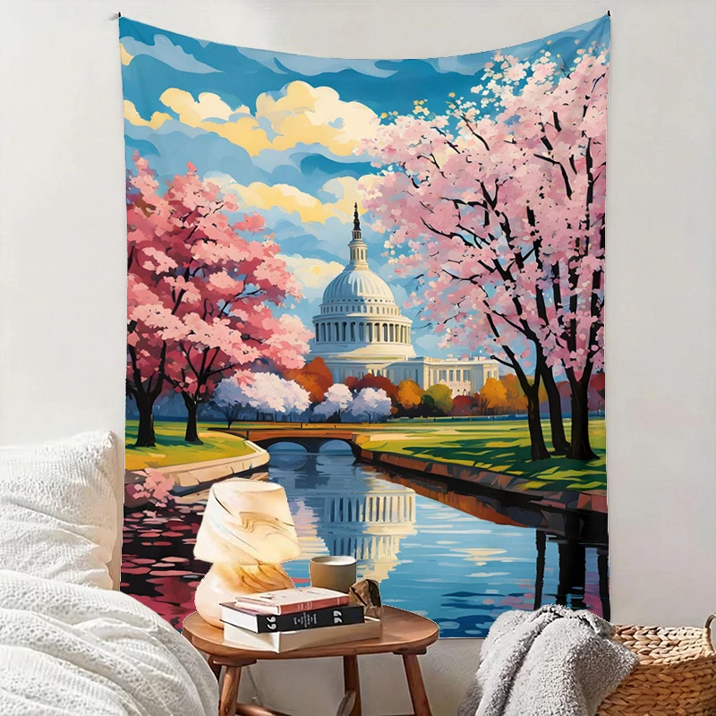 1PC Capitol Sakura River Art Print Backdrop Banner, Bedroom Living Room Photo Background, Polyester, Home Decor, Wall Art