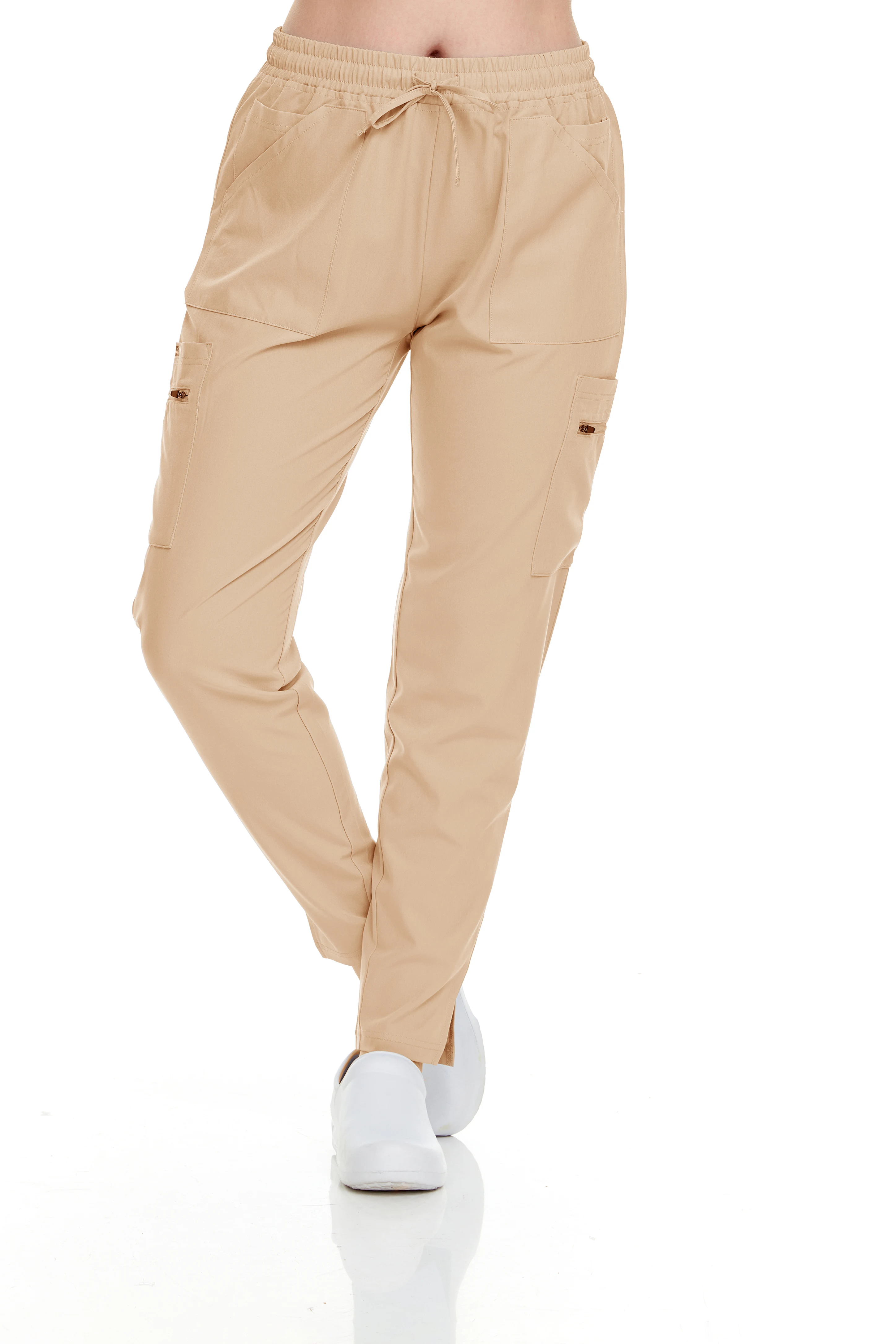 여성용 테이퍼 팬츠, 카고 포켓 4 개, 측면 지퍼 2 개, 전면 포켓 2 개, 코인 포켓 2 개, 힐링 및 웨어
