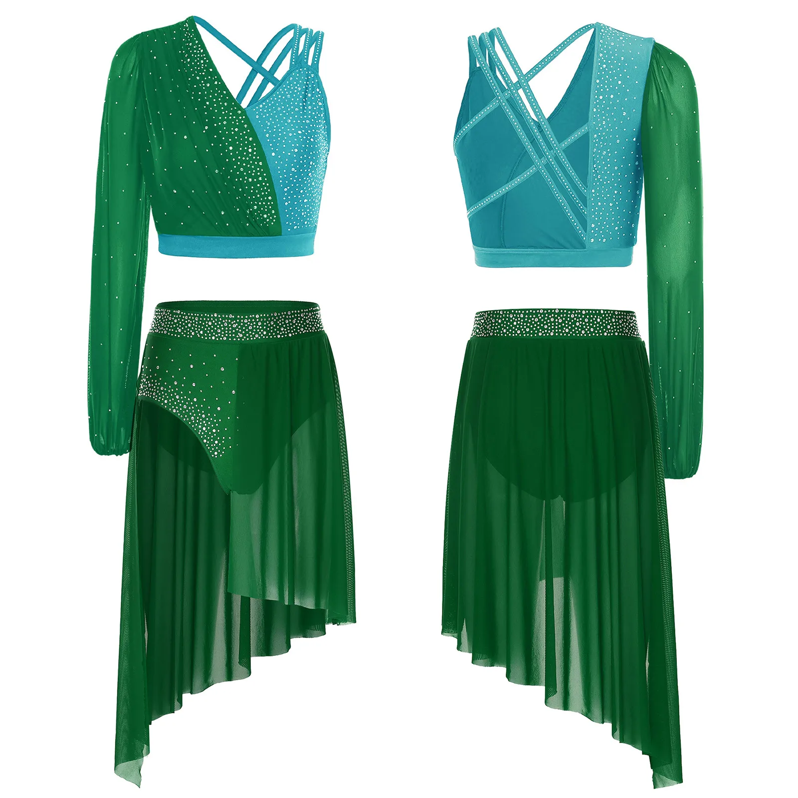 Stralend prestatie-ensemble Tango Jazzdanskostuum Crop Top en rok met bandjes aan de achterkant voor moderne danswedstrijden