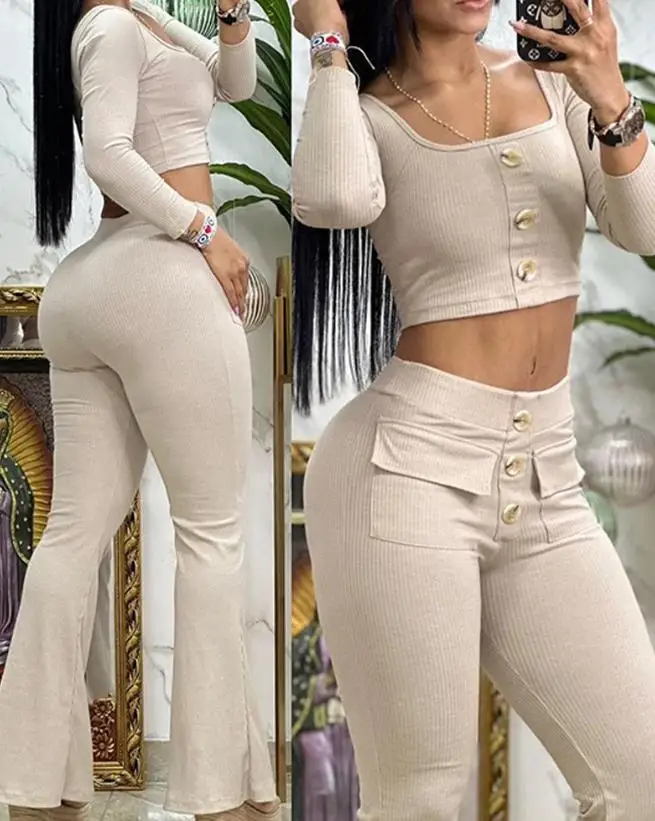 New Fashion 2023 Summer Casual Elegant Womens Two Piece Sets Outfit Square Neck Buttoned Top & Pocket Design Flared Pants Set