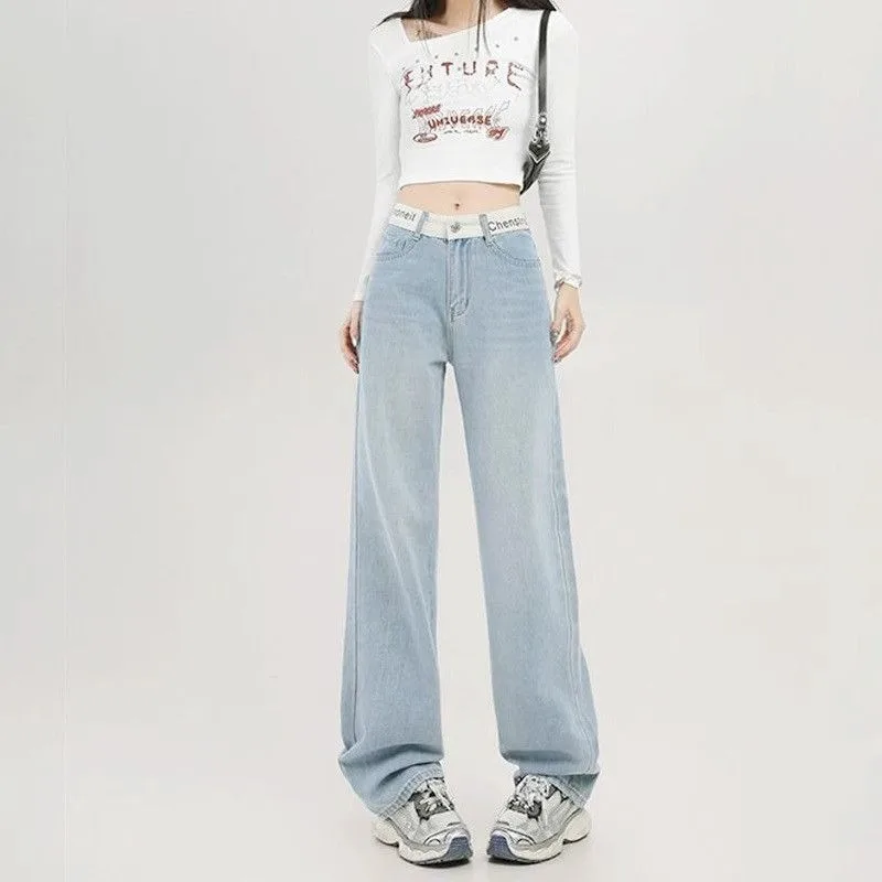 American Subculture Splicing Design Jeans New Street Hip Hop High Waist Wide Leg Pants Women's Loose Slim-fit Full Length Pants