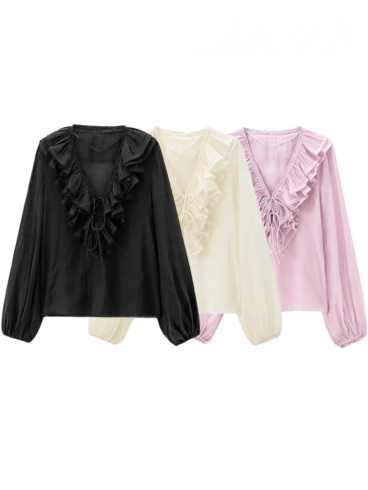 TRAFZA Women\'s Autumn Casual Shirts Solid V-Neck Lantern Long Sleeves Tierred Decorate Lace-Up Female Fashion Blouses 3 Color