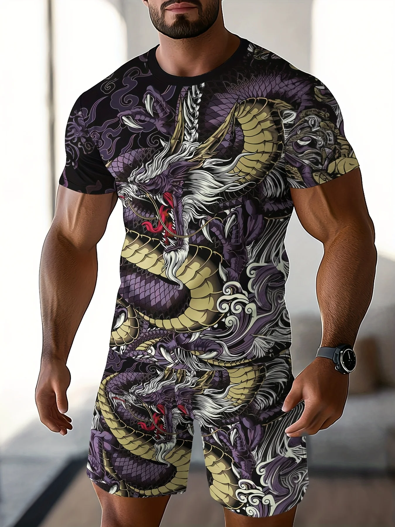 Leisure Sports Set, Breathable Outdoor Casual Men's T-shirt, Cropped Pants Set, Summer 3D Printing Set, Men's Adult Set