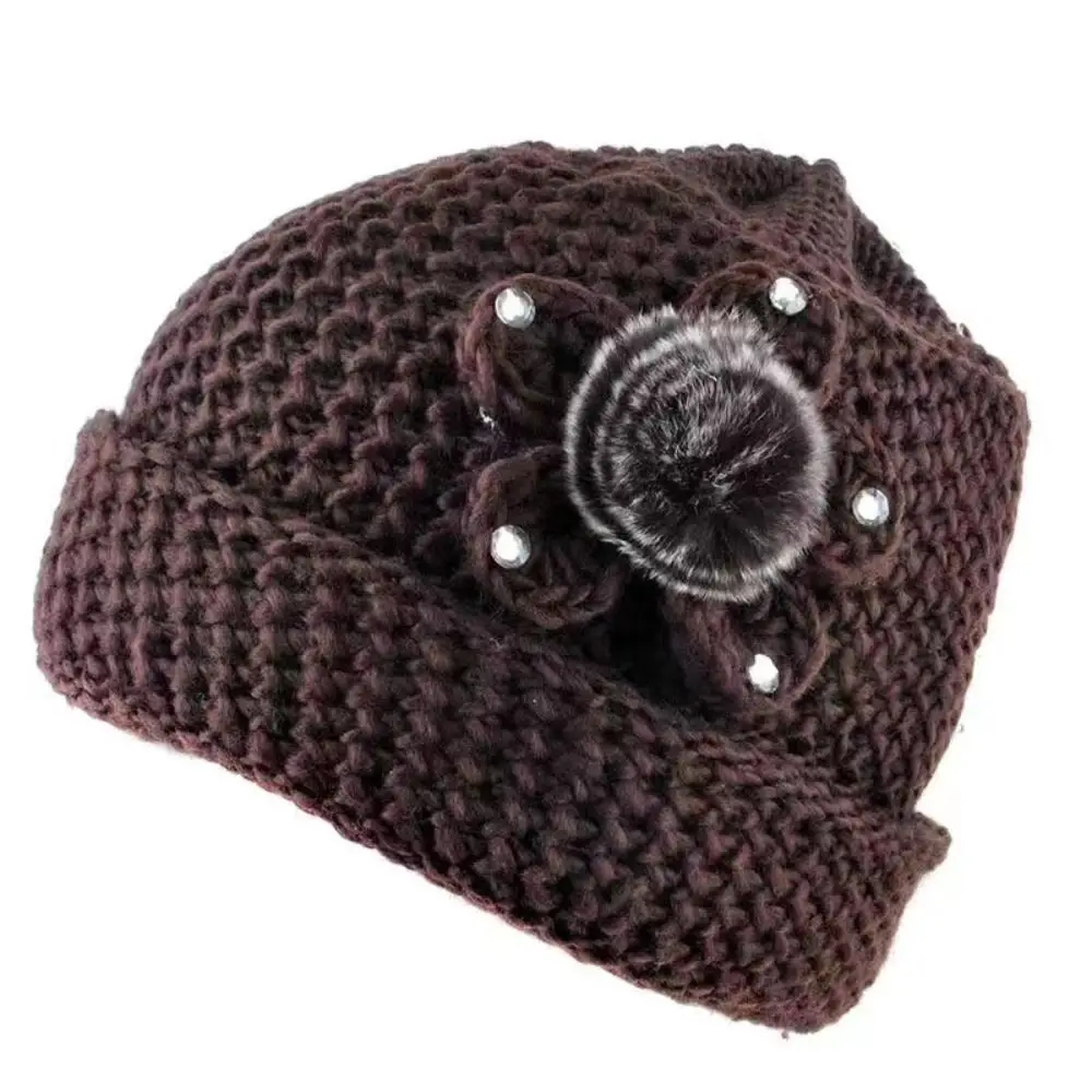 

Casual Flower Decor Winter Knitting Hat Double Layer Velvet Lining Beanies Thickened Keep Warm Middle-aged Cap Women Female MOM